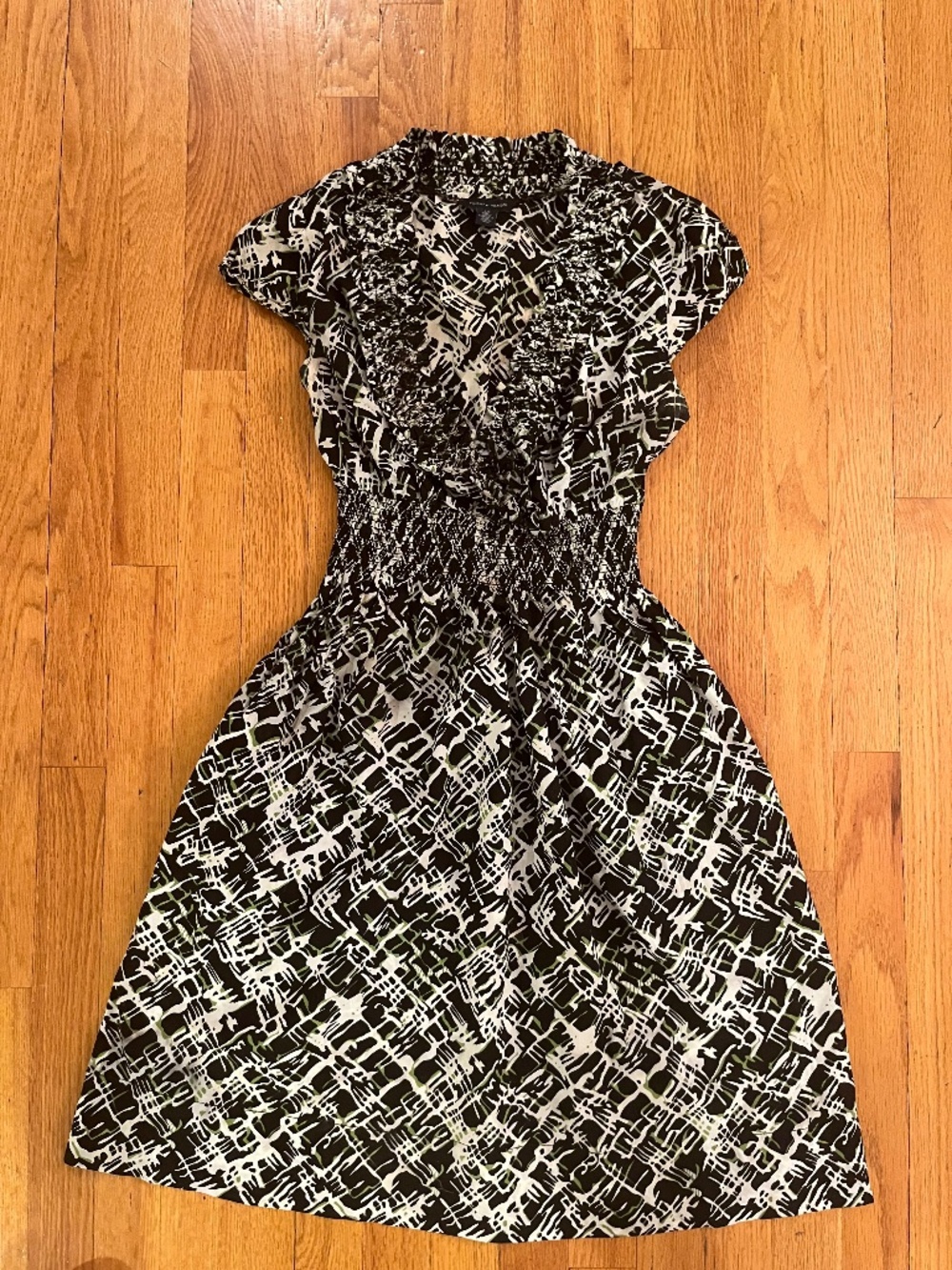 Tommy Hilfiger Black White Abstract Grid Smocked Dress Size S/P
